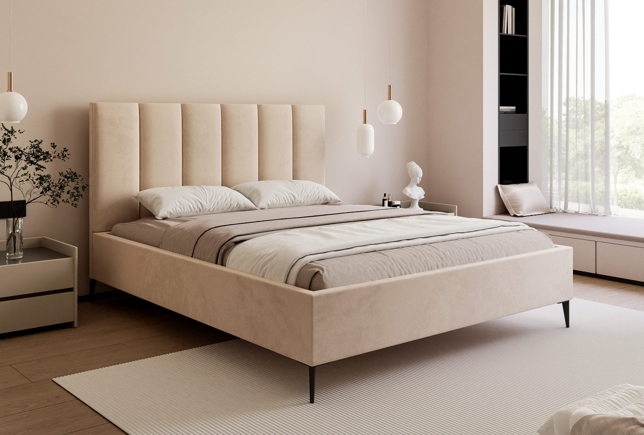 Łóżko tapicerowane Slim Calmora 2 szare 160x200 cm – na nóżkach z pojemnikiem