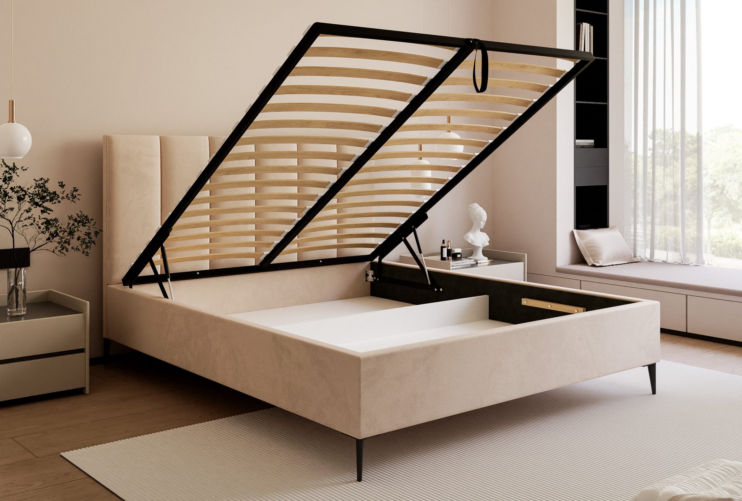 Łóżko tapicerowane Slim Calmora 2 szare 160x200 cm – na nóżkach z pojemnikiem