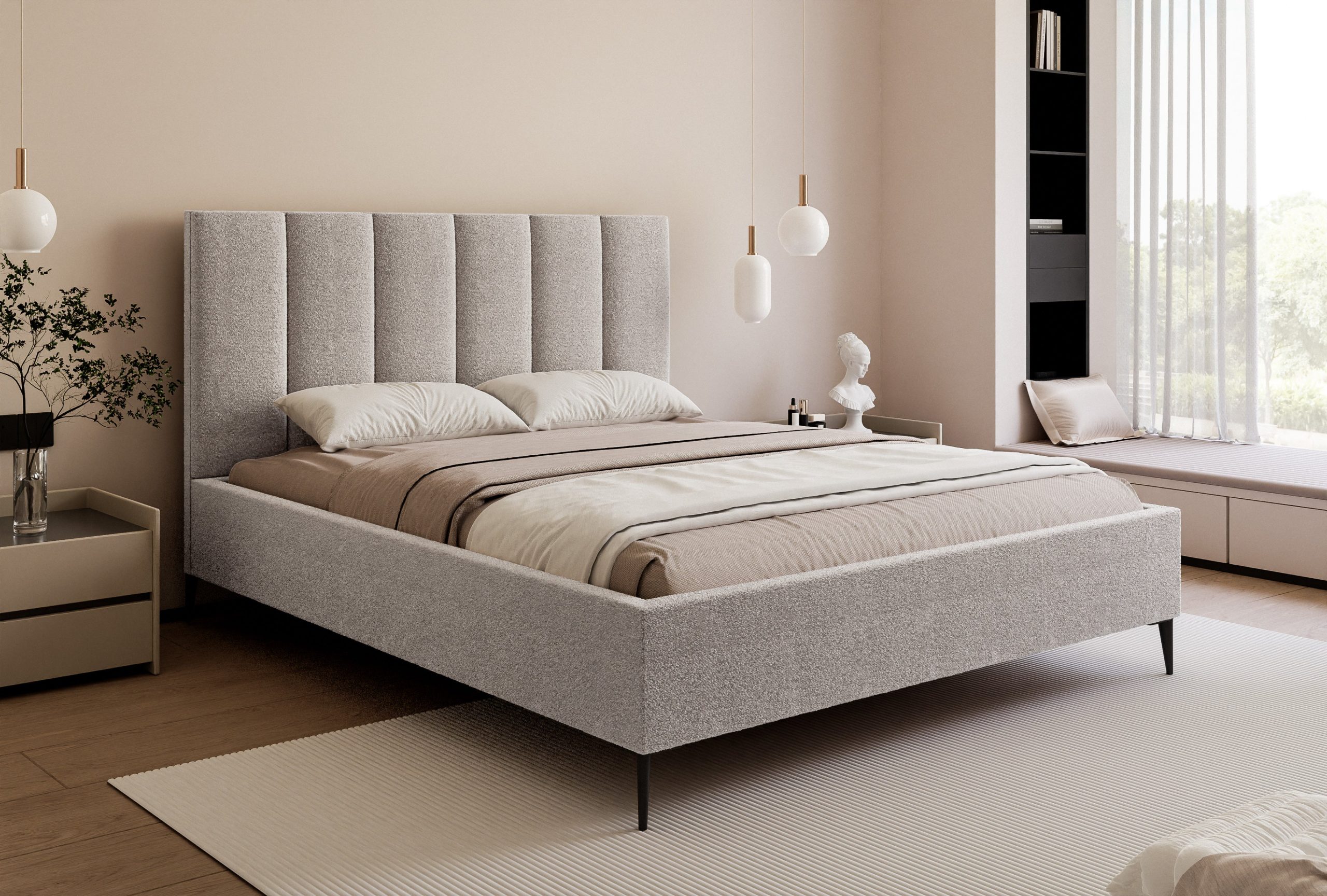 Łóżko tapicerowane Slim Calmora 2 szare 160x200 cm – na nóżkach z pojemnikiem