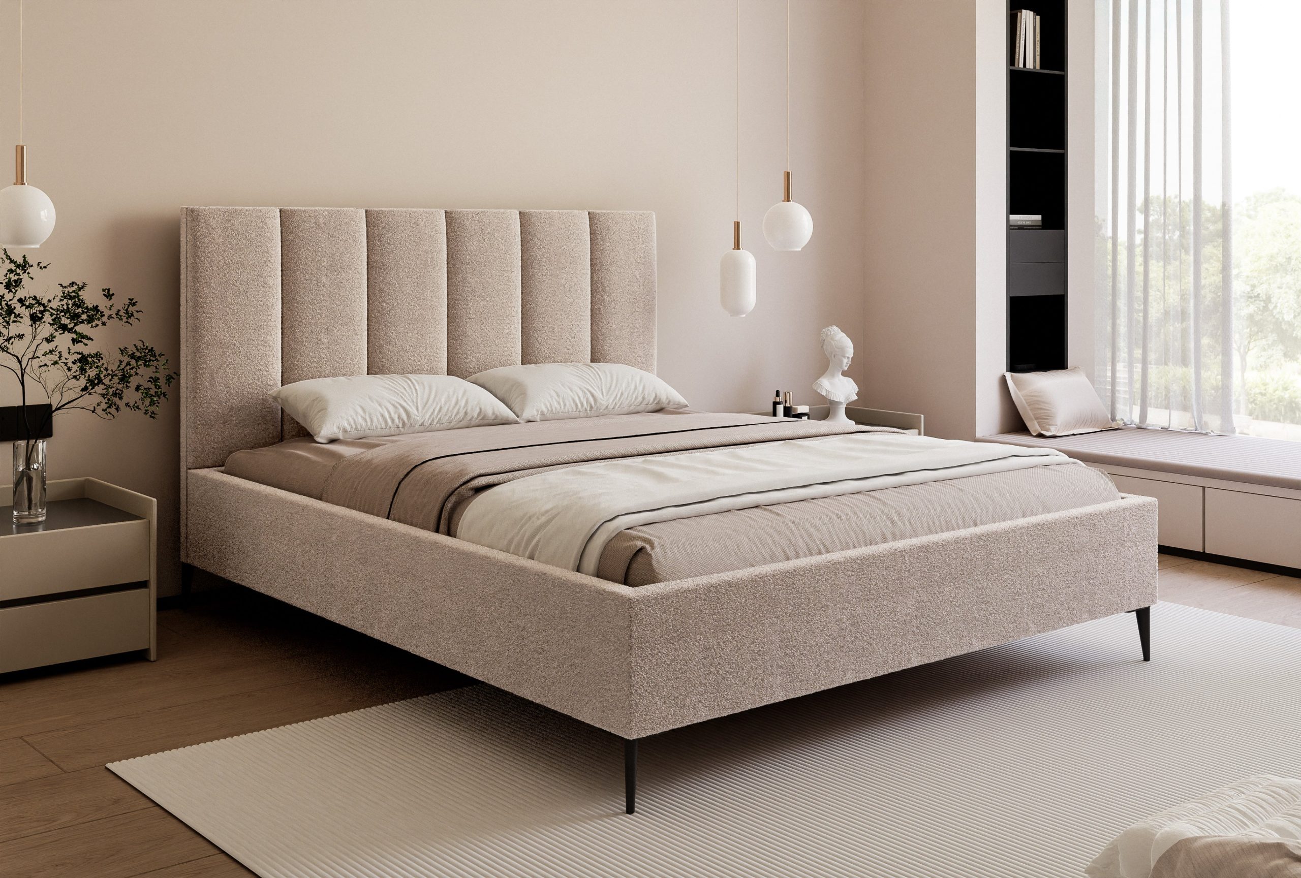 Łóżko tapicerowane Slim Calmora 2 szare 160x200 cm – na nóżkach z pojemnikiem