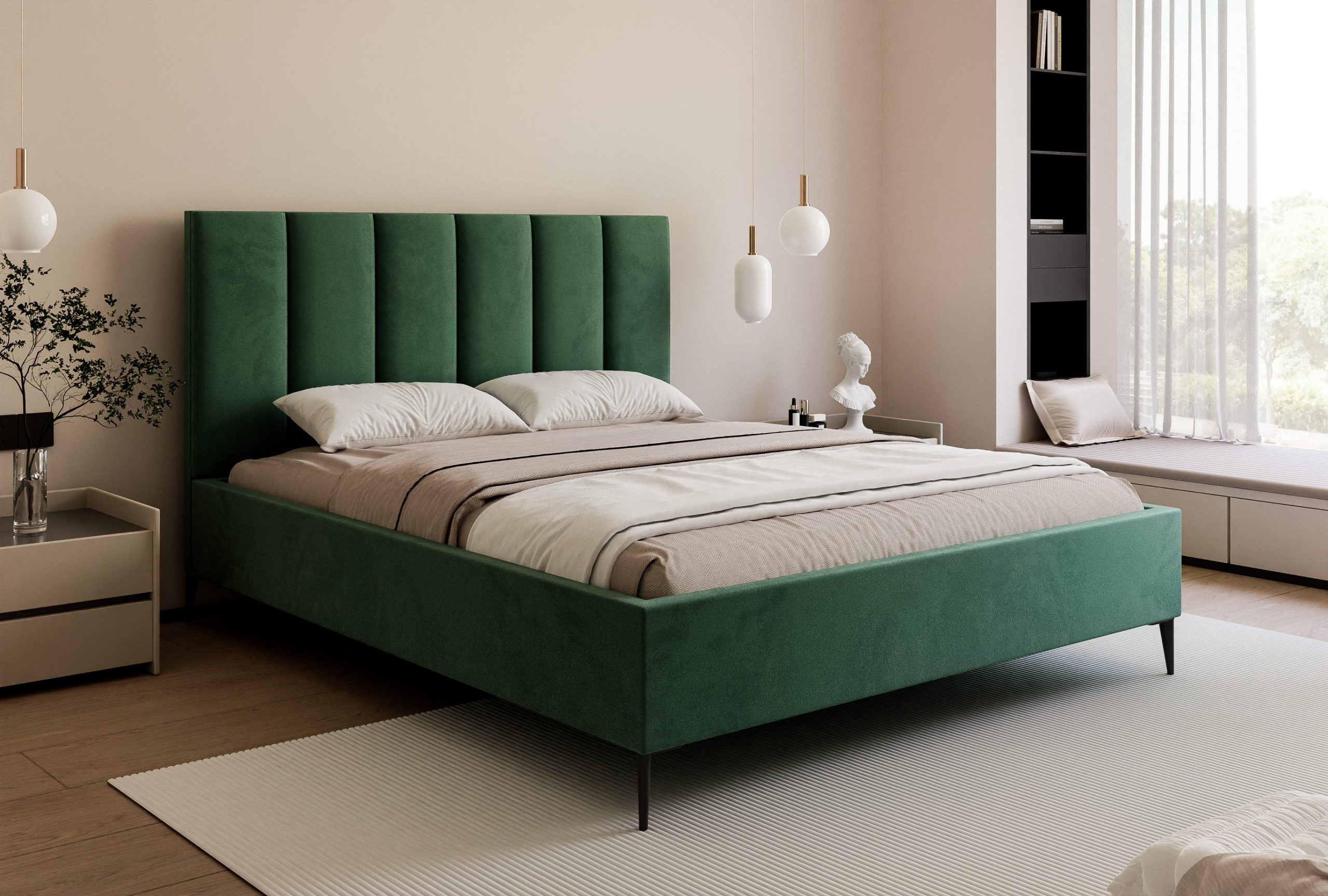 Łóżko tapicerowane Slim Calmora 2 szare 160x200 cm – na nóżkach z pojemnikiem