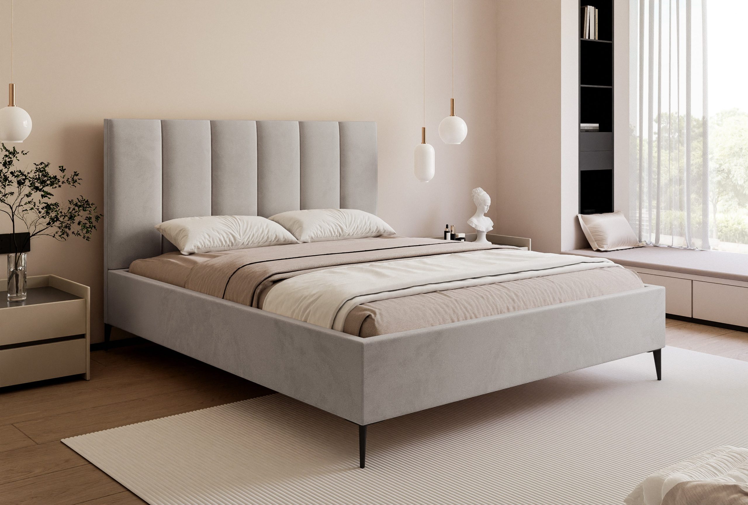 Łóżko tapicerowane Slim Calmora 2 szare 160x200 cm – na nóżkach z pojemnikiem