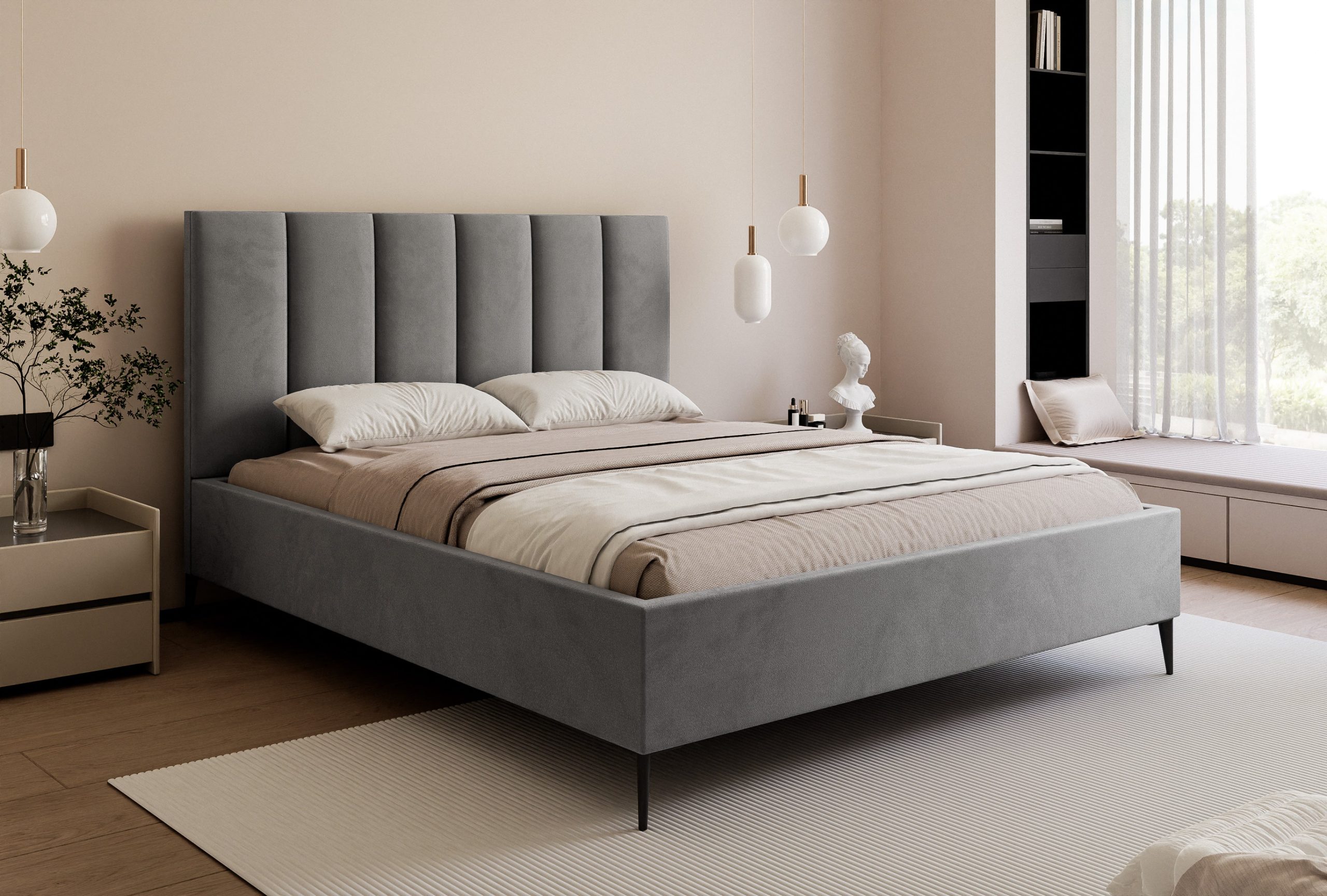 Łóżko tapicerowane Slim Calmora 2 szare 160x200 cm – na nóżkach z pojemnikiem