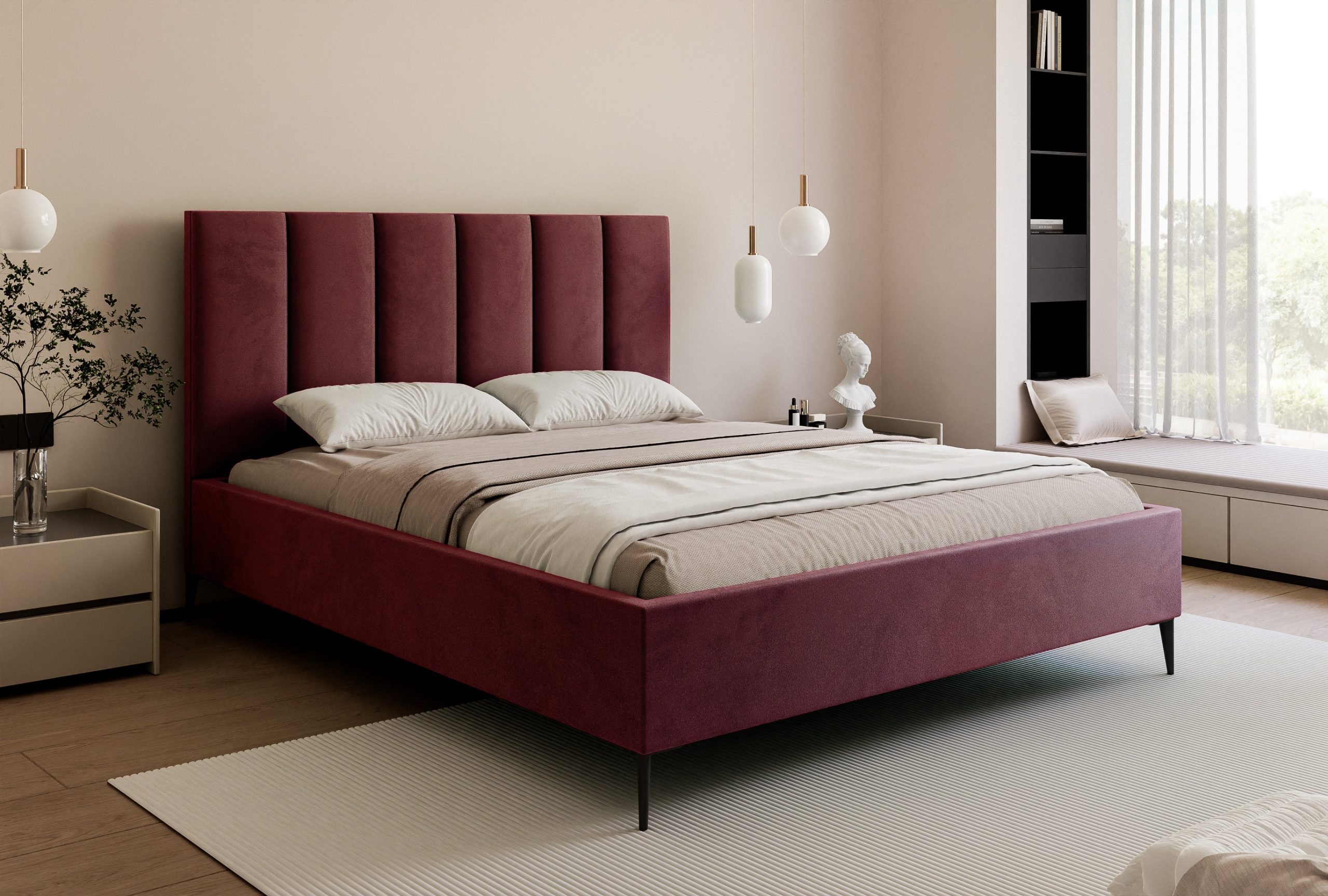 Łóżko tapicerowane Slim Calmora 2 szare 160x200 cm – na nóżkach z pojemnikiem