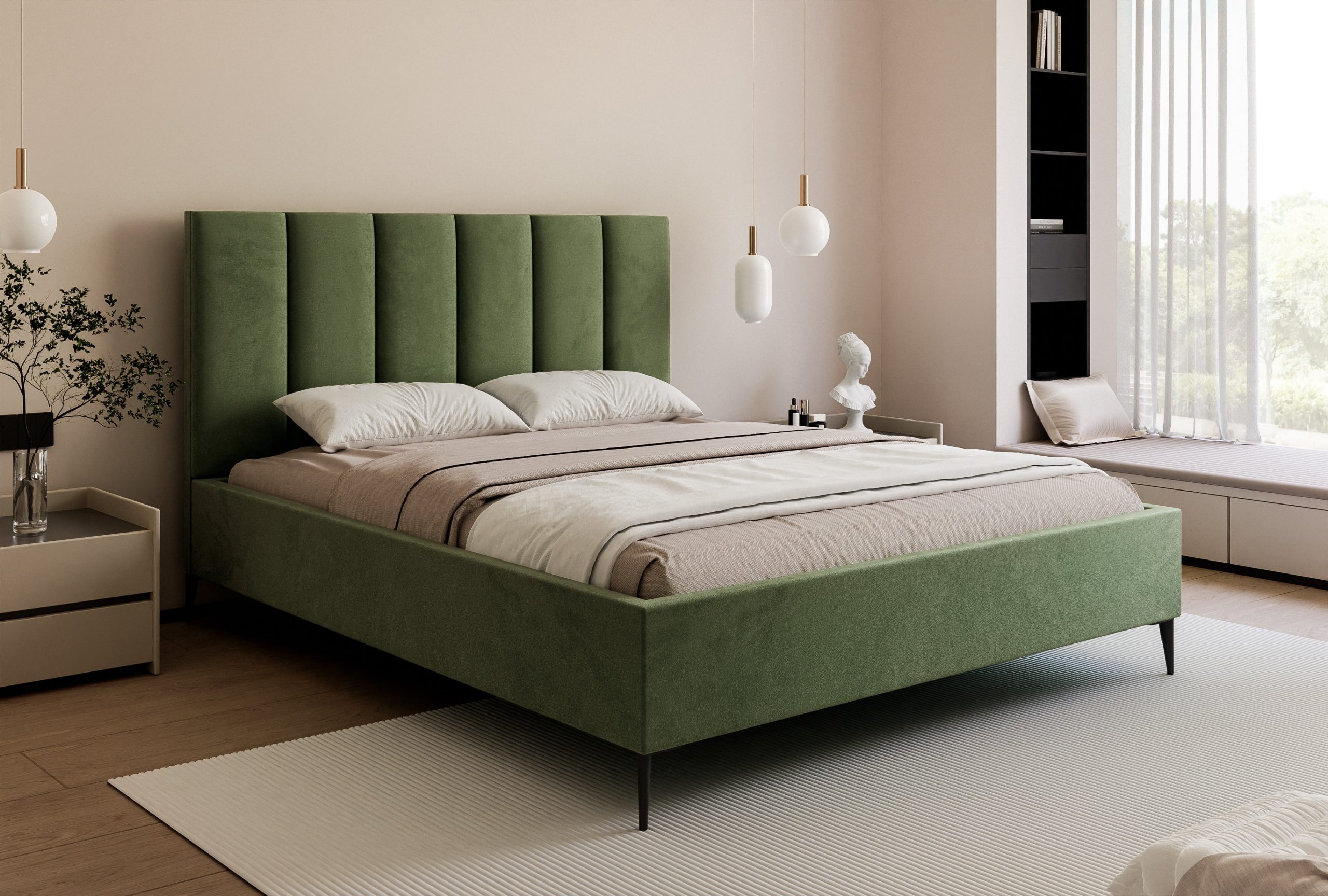 Łóżko tapicerowane Slim Calmora 2 szare 160x200 cm – na nóżkach z pojemnikiem