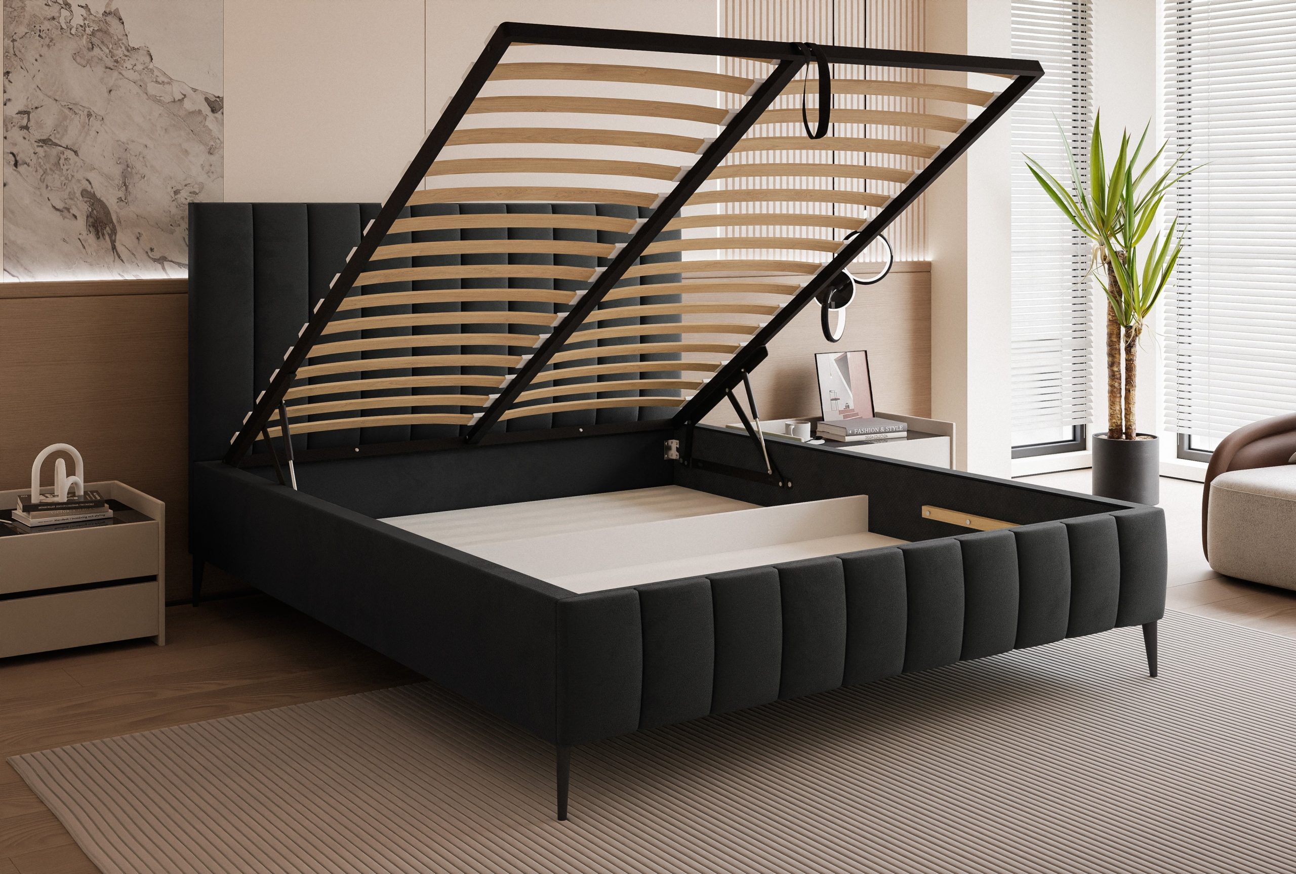 Łóżko tapicerowane slim Chicoro 2 140x200 cm – z pojemnikiem, na nóżkach
