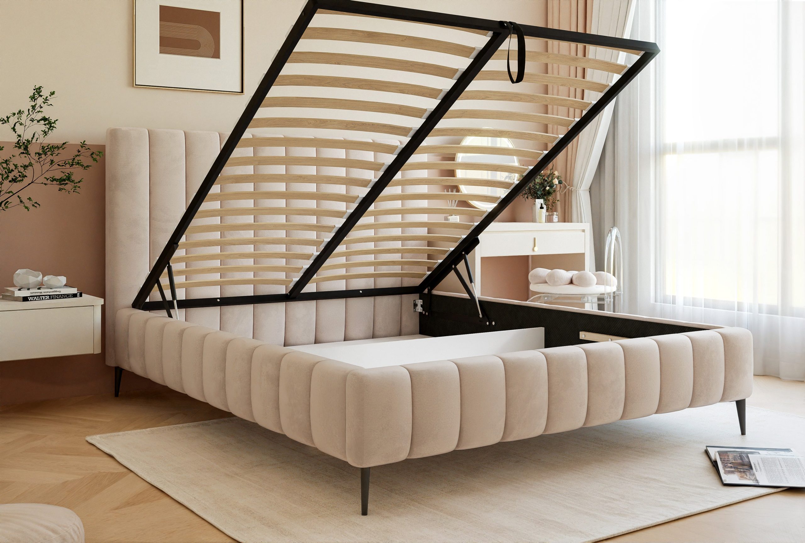 Łóżko tapicerowane Slim Esterio II 160x200 cm – pojemnik, mała sypialnia