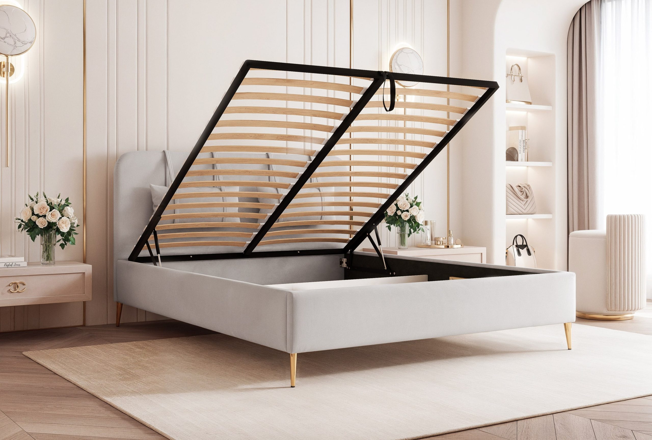 Łóżko tapicerowane Noblessa II 160x200 cm – wysokie nóżki i pojemnik