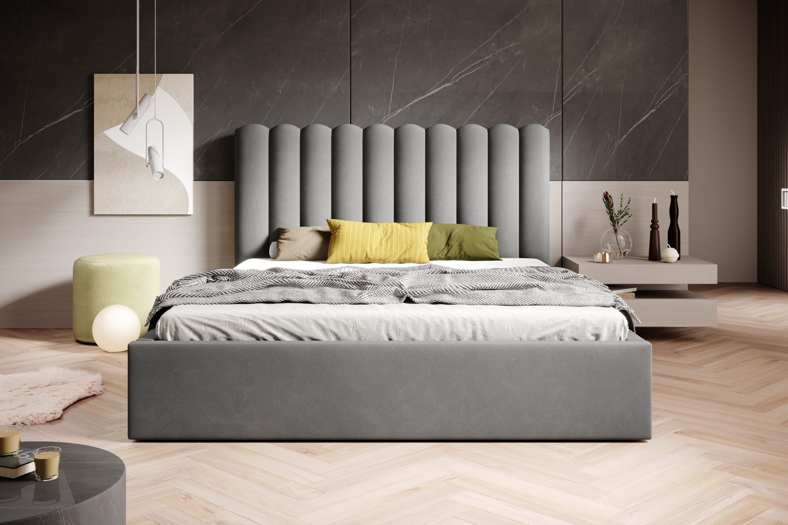 Łóżko tapicerowane z pojemnikiem Vilmo 160x200 cm – tkanina plamoodporna