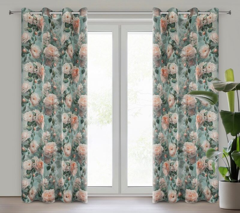 Zasłona gotowa Inka miętowa 140 X 250 cm – z delikatnym wzorem róż