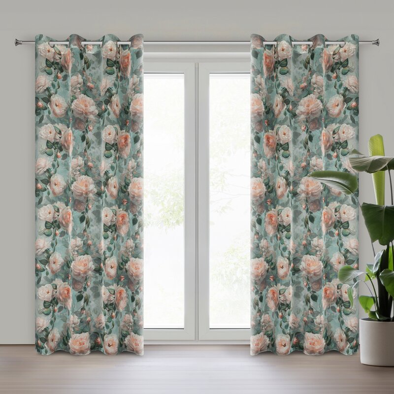 Zasłona gotowa Inka miętowa 140 X 250 cm – z delikatnym wzorem róż