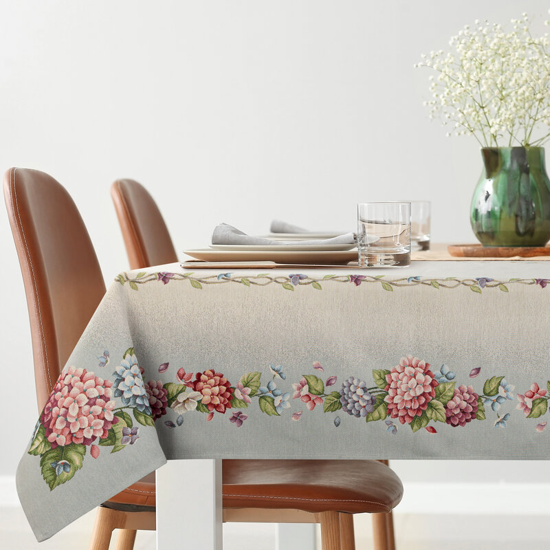 Obrus gobelinowy z hortensjami popielaty 140x180 cm – doda elegancji stołowi