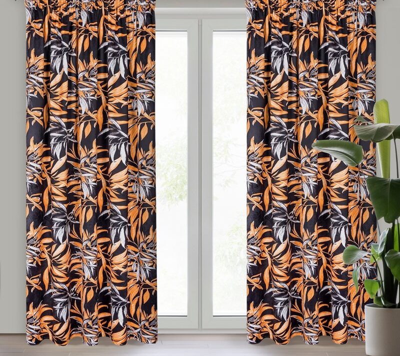 Zasłona gotowa Zoja czarna 140 X 270 cm – welwetowy wzór liści