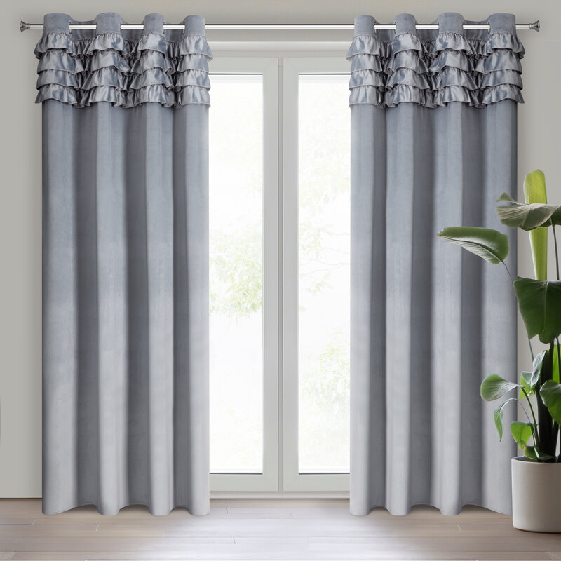 Zasłona gotowa ERIN szara 140 X 250 CM – miękki welwet z falbankami