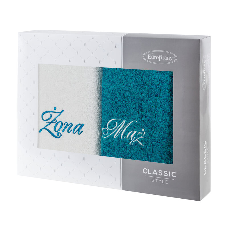 Zestaw ręczników bawełnianych 2 szt 70x140 cm z haftem Żona i Mąż kolor biały, turkusowy 400 g/m2 – idealny prezent