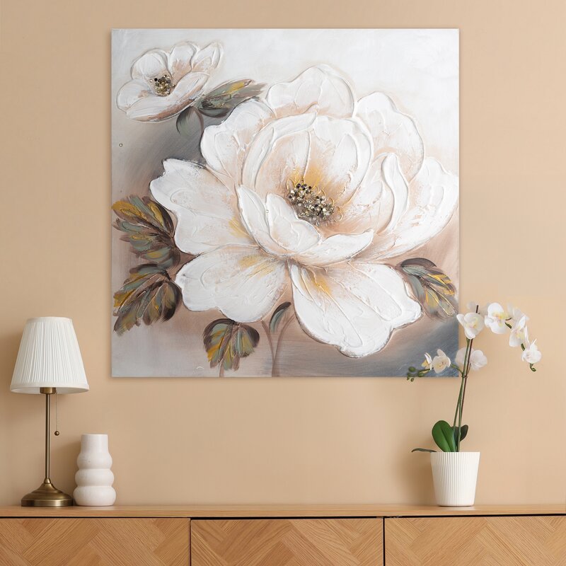Obraz ręcznie malowany Kwiaty biały 60 X 60 CM – wnosi świeżość i spokój