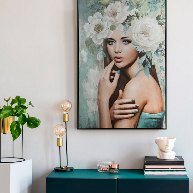 Obraz ręcznie malowany portret kobiety turkusowy 80 X 120 cm – idealny do salonu boho