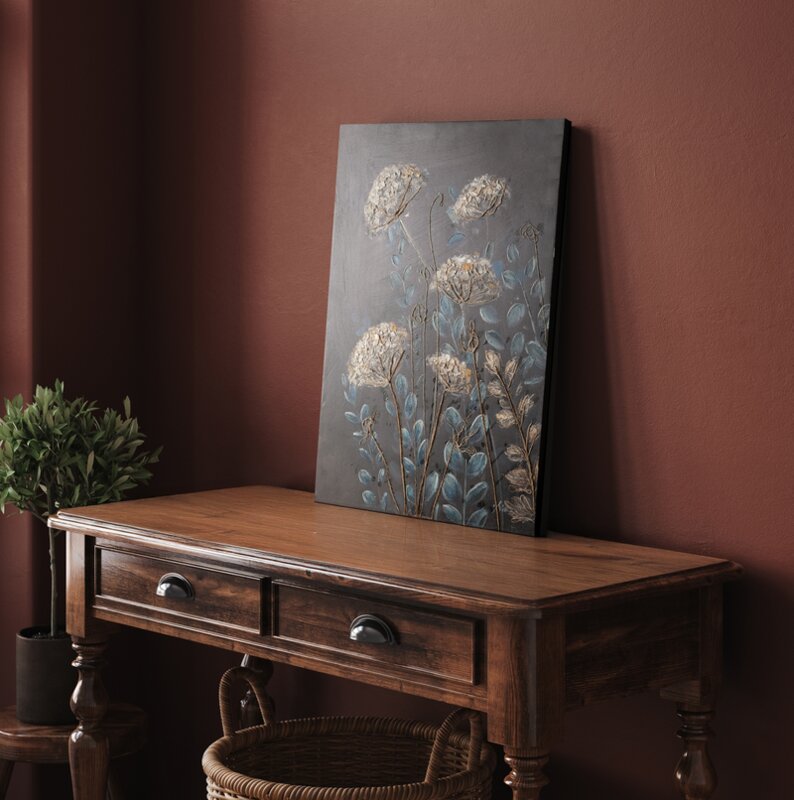 Obraz ręcznie malowany kwiatowy czarny 60 X 80 cm – wnosi artystyczny charakter