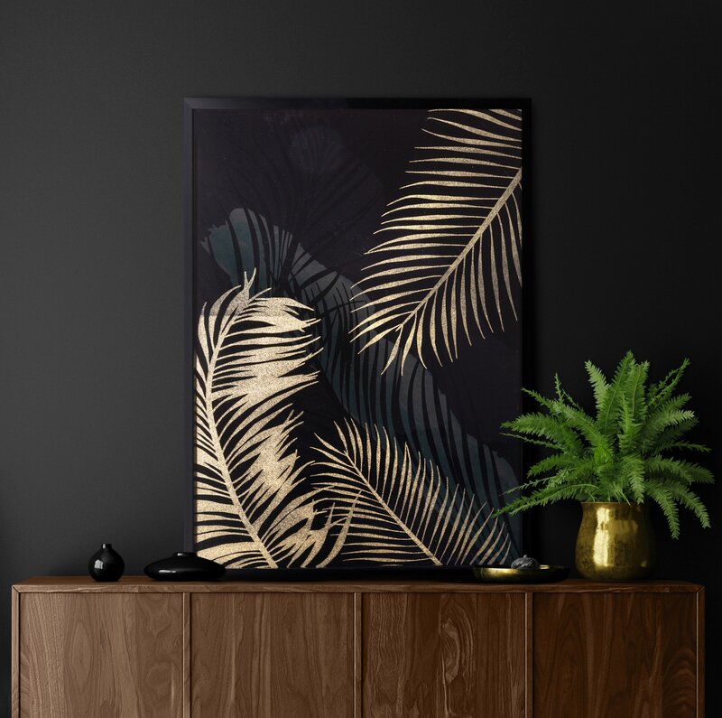 Obraz ręcznie malowany Złote Liście czarny 53 X 73 CM – rozświetla wnętrze