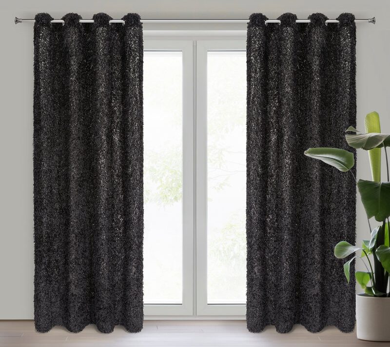 Zasłona gotowa włochata czarna 140 x 250 cm – zaciemnia i ociepla