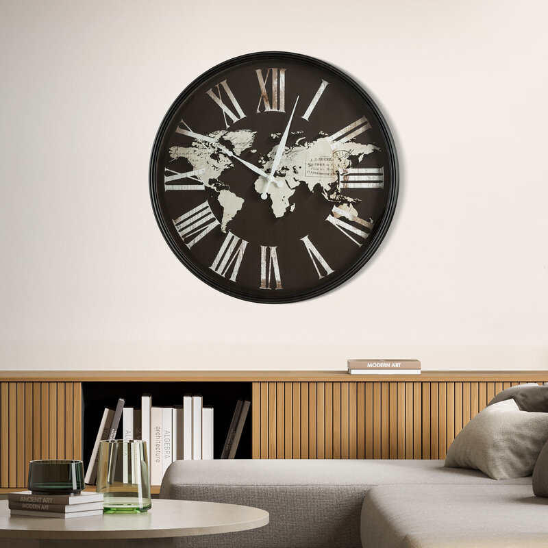 Zegar ścienny Mapa Świata czarny 60 x 6 x 60 cm – stylowy dodatek do wnętrz
