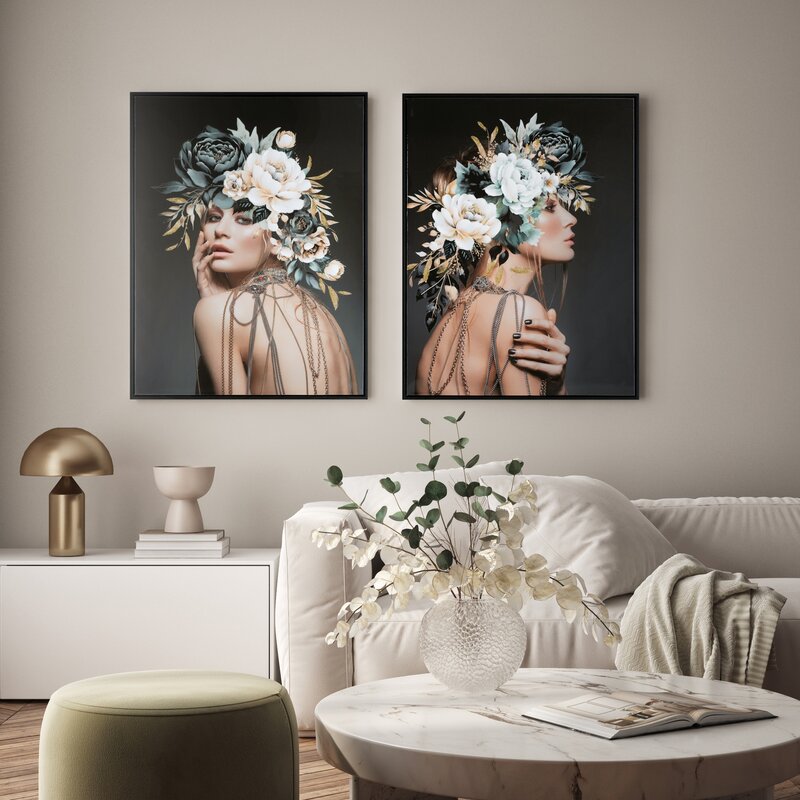 Obraz ręcznie malowany Kobieta w kwiatach ciemnoszary 60 X 80 cm – idealny do salonu i sypialni
