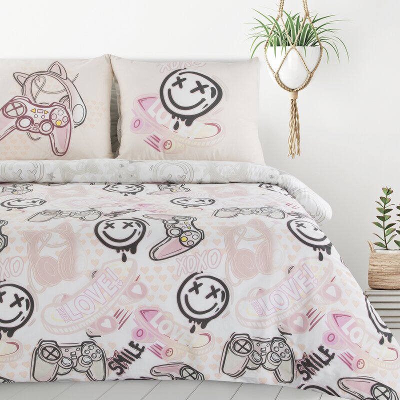 Pościel bawełniana D91 biała 140 x 200 cm – młodzieżowy design