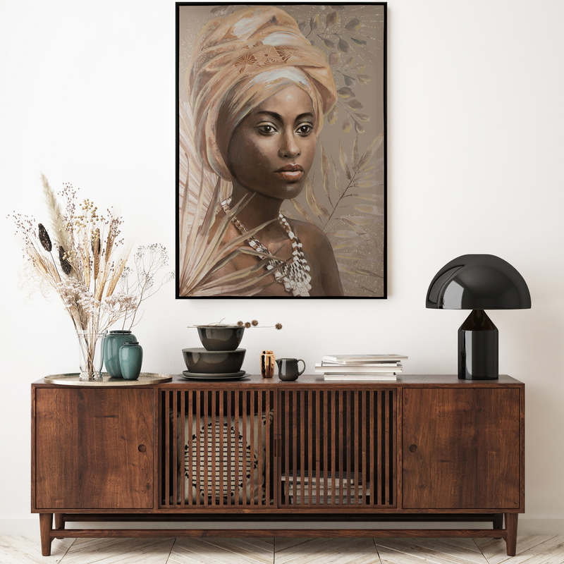 Obraz ręcznie malowany Portret Kobiety w Turbanie beżowy 60 X 80 CM – egzotyczny akcent wnętrza