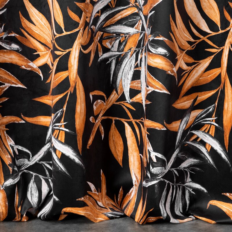 Zasłona gotowa Zoja czarna 140 X 250 cm – welwet z botanicznym wzorem
