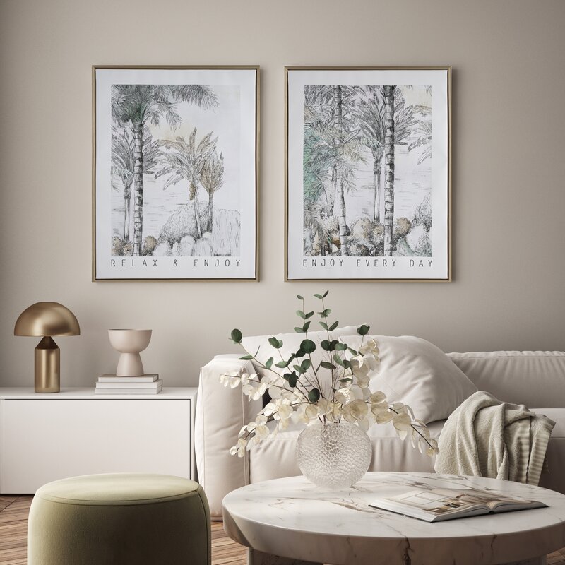 Obraz ręcznie malowany palmy szary 45 X 60 X 2.5 CM – tworzy wakacyjny klimat