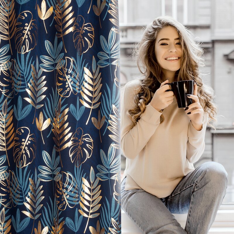 Zasłona gotowa RINA granatowa 140 X 250 cm – z motywem botanicznym