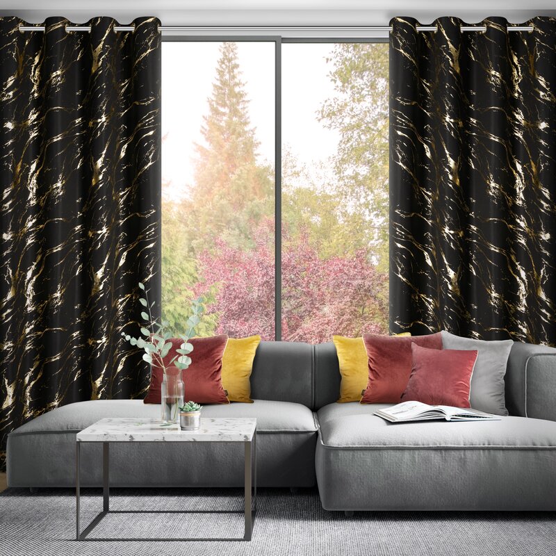 Zasłona gotowa LANI czarna 140 X 250 CM – z marmurowym wzorem