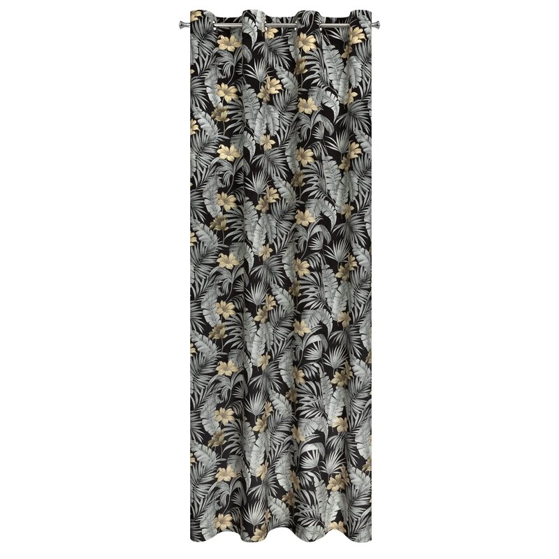 Zasłona welwetowa gotowa Loren czarna 140 X 250 cm – z tropikalnym wzorem