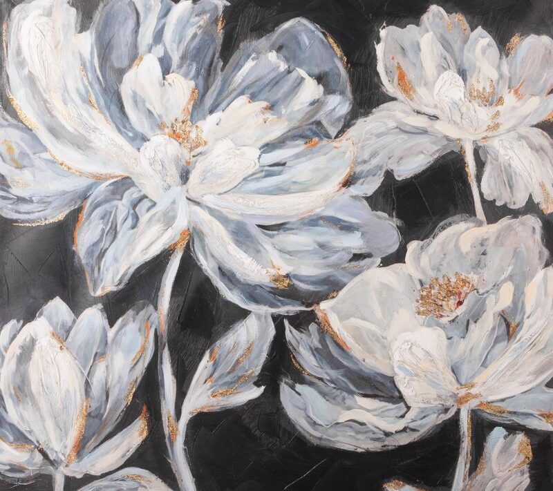 Obraz ręcznie malowany kwiatowy czarny 80 X 80 cm – kwiatowy motyw do wnętrz
