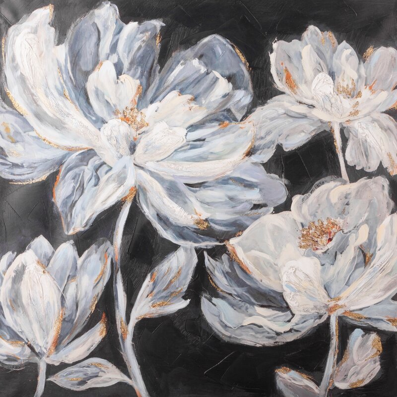 Obraz ręcznie malowany kwiatowy czarny 80 X 80 cm – kwiatowy motyw do wnętrz