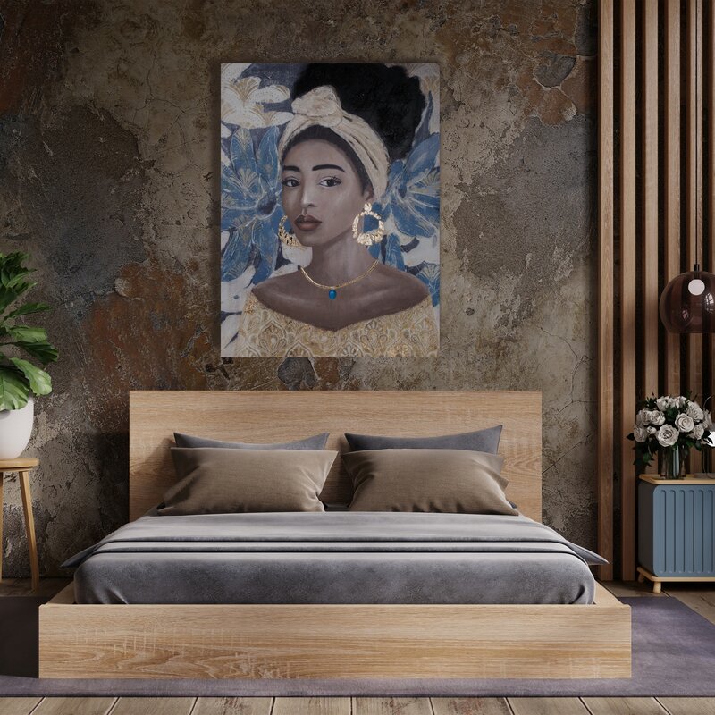 Obraz ręcznie malowany Portret kobiety niebieski 90 X 120 cm – dla harmonii wnętrza