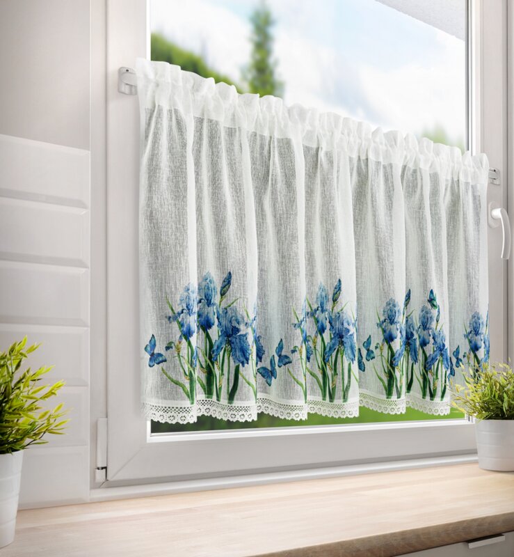 Firana gotowa z kwiatami biała 150 x 60 cm – doda uroku kuchni