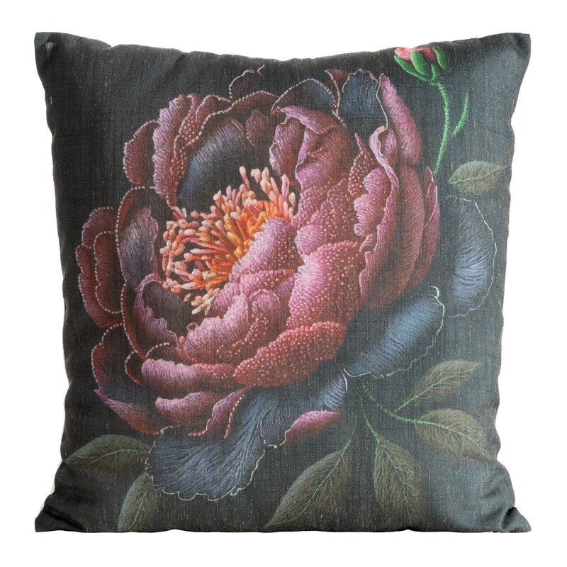Poszewka len czarna 45 x 45 cm – z nadrukiem piwonii