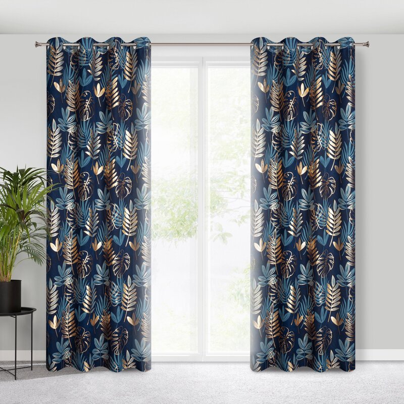 Zasłona gotowa RINA granatowa 140 X 250 cm – z motywem botanicznym