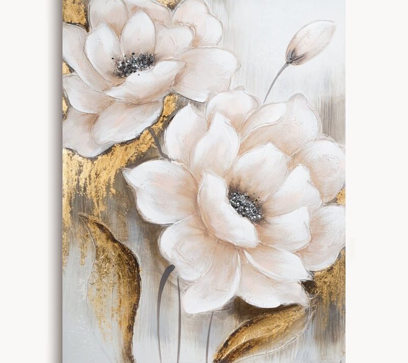Obraz ręcznie malowany Kwiaty biały 70 X 100 CM – kojący wzór