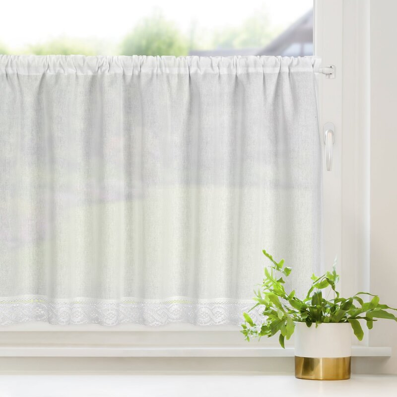 Firana gotowa zazdrostka na taśmie Vince biała 150 X 60 cm – z koronkowym zdobieniem