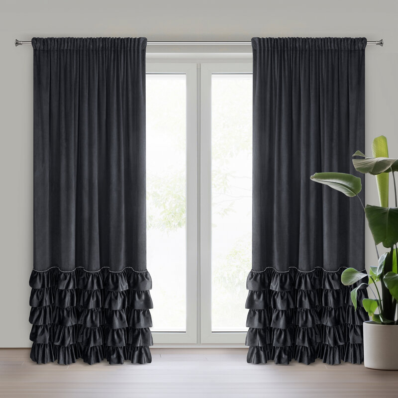 Zasłona gotowa Carli czarna 140 X 250 cm – welwetowa z falbanami