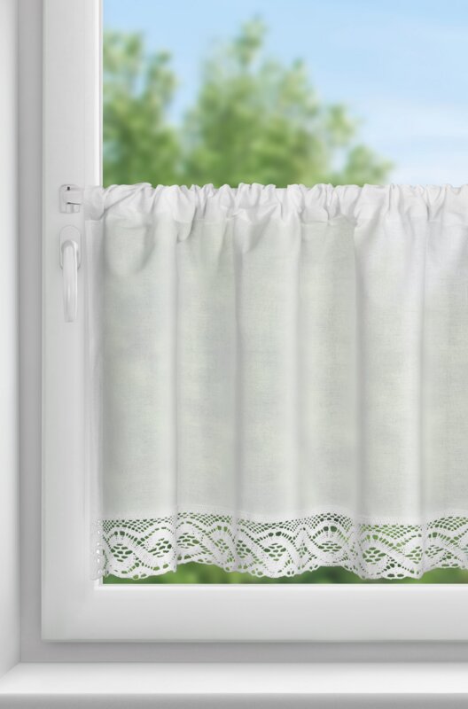 Firana gotowa zazdrostka na taśmie Vince biała 150 X 60 cm – z koronkowym zdobieniem