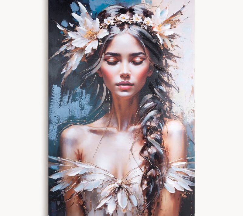 Obraz ręcznie malowany Eteryczna Postać beżowy 80 X 120 cm – dla spokojnego wnętrza