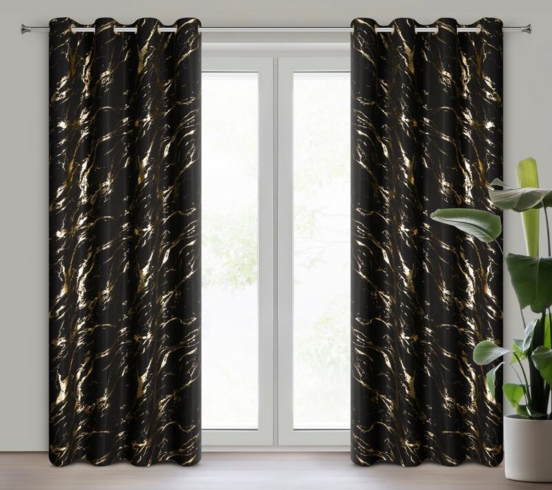 Zasłona gotowa LANI czarna 140 X 250 CM – z marmurowym wzorem