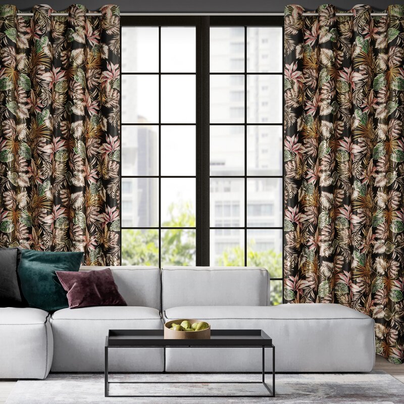 Zasłona gotowa Maroko czarna 140 X 250 CM – złoty nadruk tropikalny