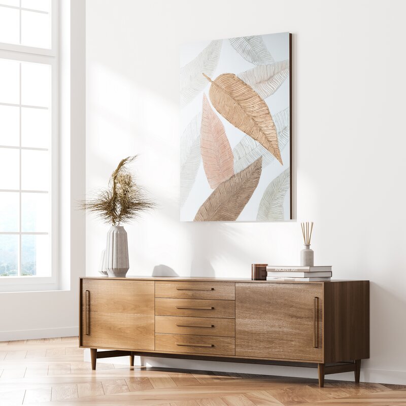 Obraz ręcznie malowany liście biały 90 X 120 cm – naturalne piękno wnętrza