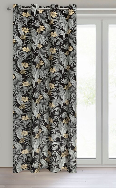Zasłona welwetowa gotowa Loren czarna 140 X 250 cm – z tropikalnym wzorem