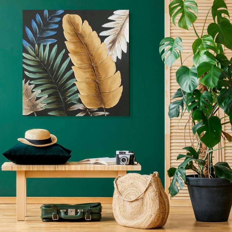 Obraz ręcznie malowany liście czarny 60 X 60 cm – idealny do salonu