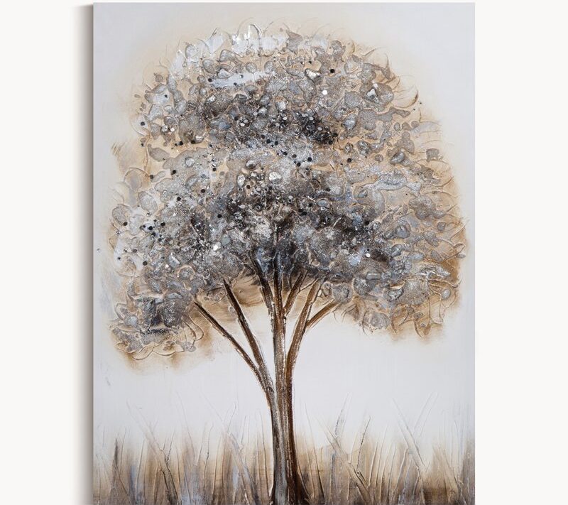 Obraz ręcznie malowany z motywem drzewa biały 50 X 70 cm – tworzy harmonię